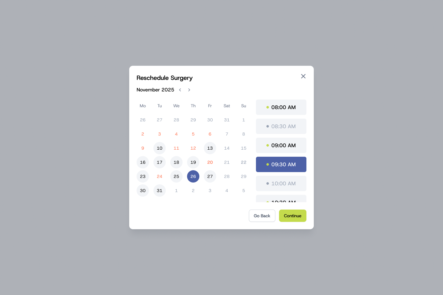 Reschedule Surgery with a date picker and available time slots