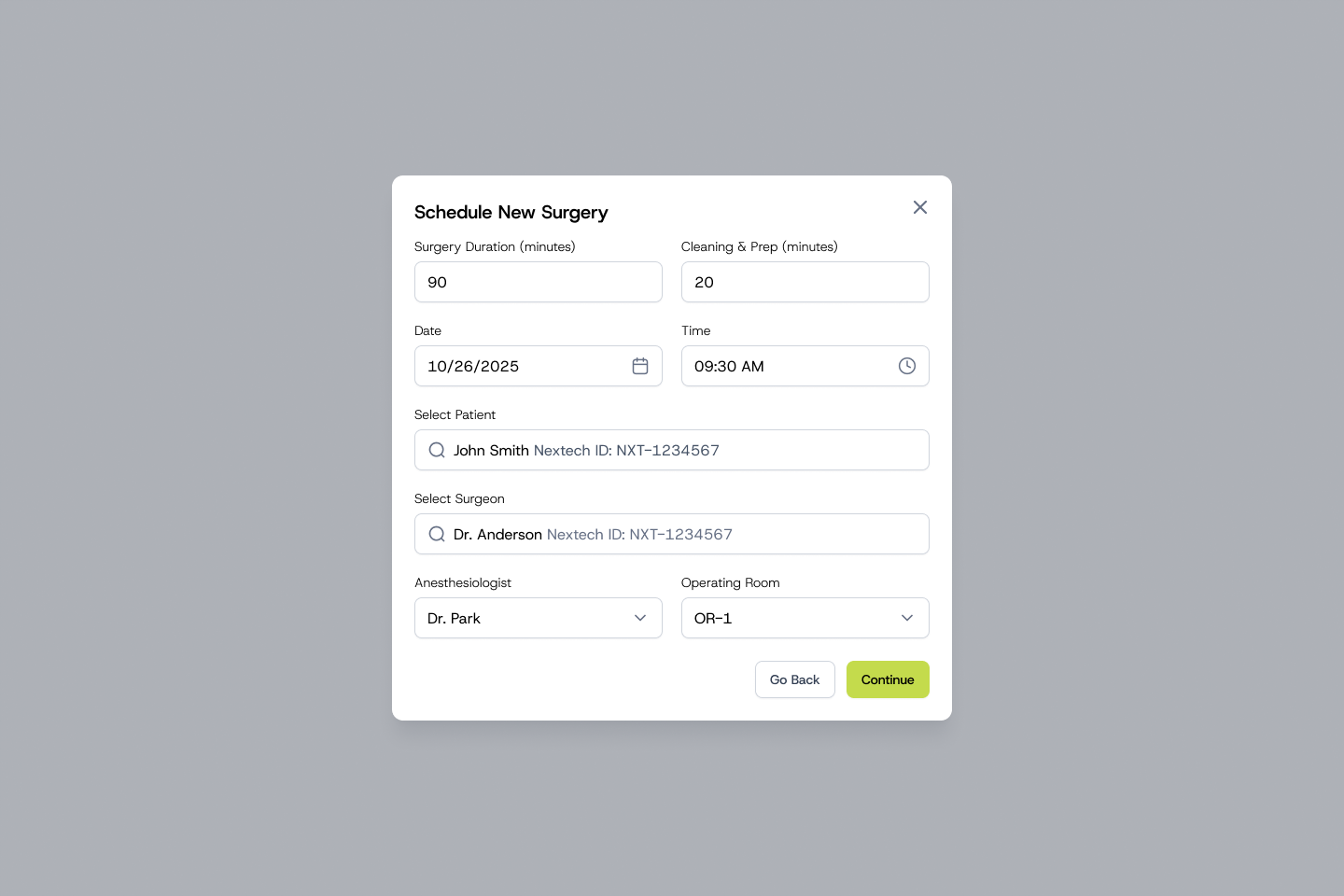 Schedule New Surgery, step 2: duration, date and time, patient, surgeon, anesthesiologist and operating room
