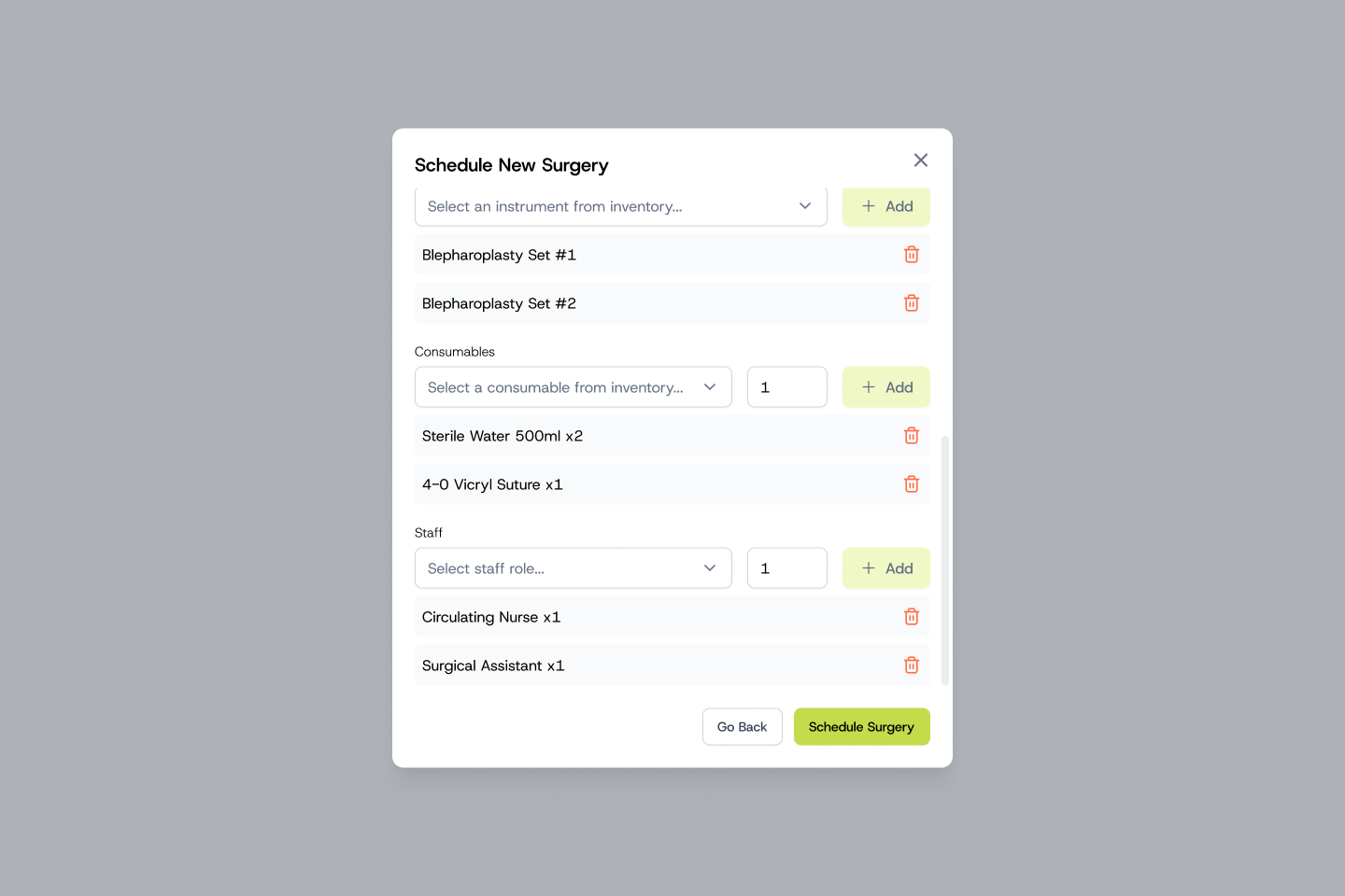 Schedule New Surgery, step 3: instruments, consumables and staff pulled from inventory
