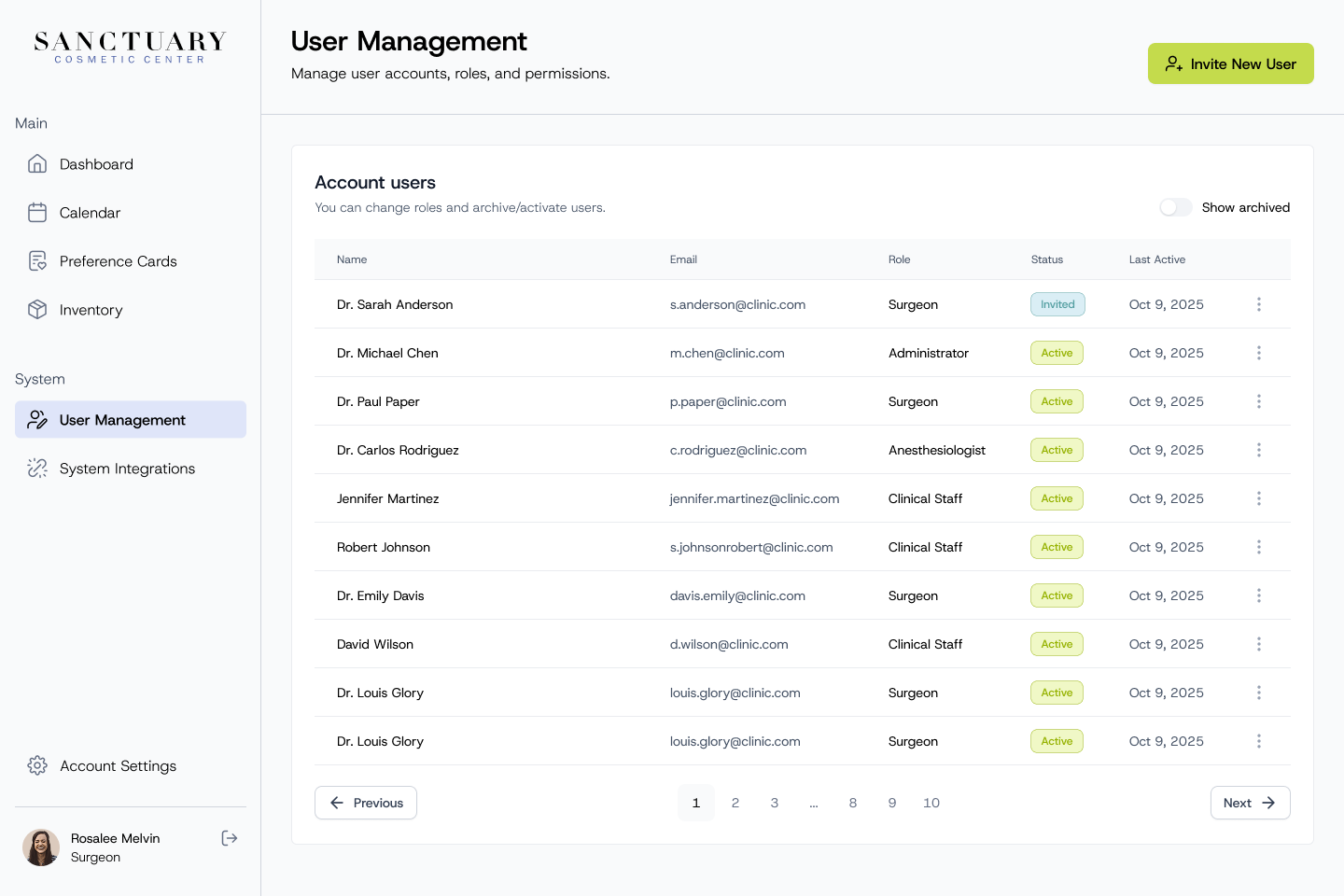 User management table with names, emails, roles and status